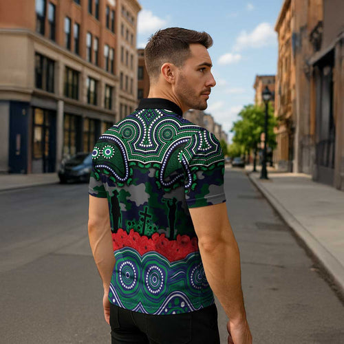 ANZAC Day New Zealand Warriors Zipper Polo Shirt Military Memorial Aboriginal Indigenous Art