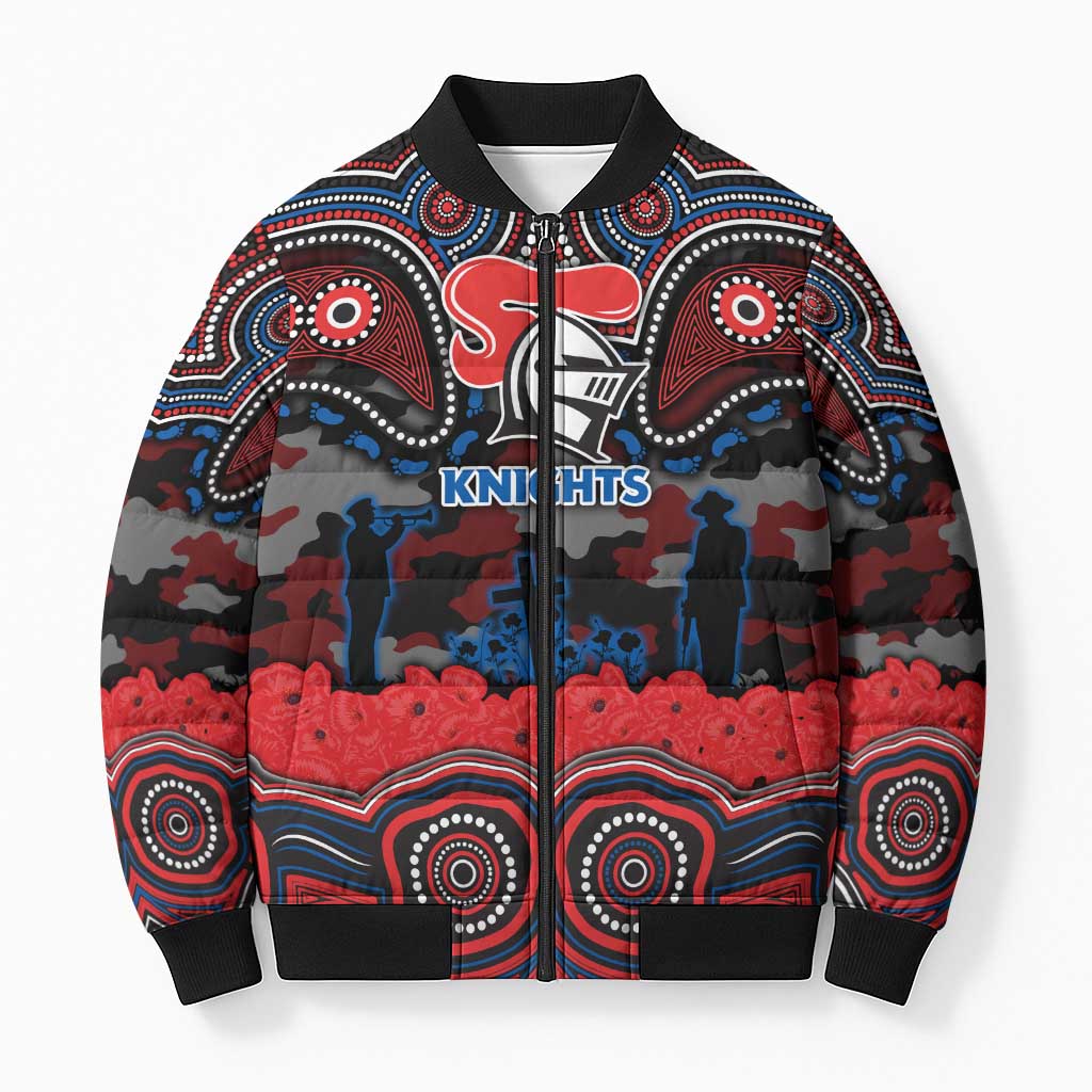 ANZAC Day Newcastle Knights Bomber Puffer Jacket Military Memorial Aboriginal Indigenous Art