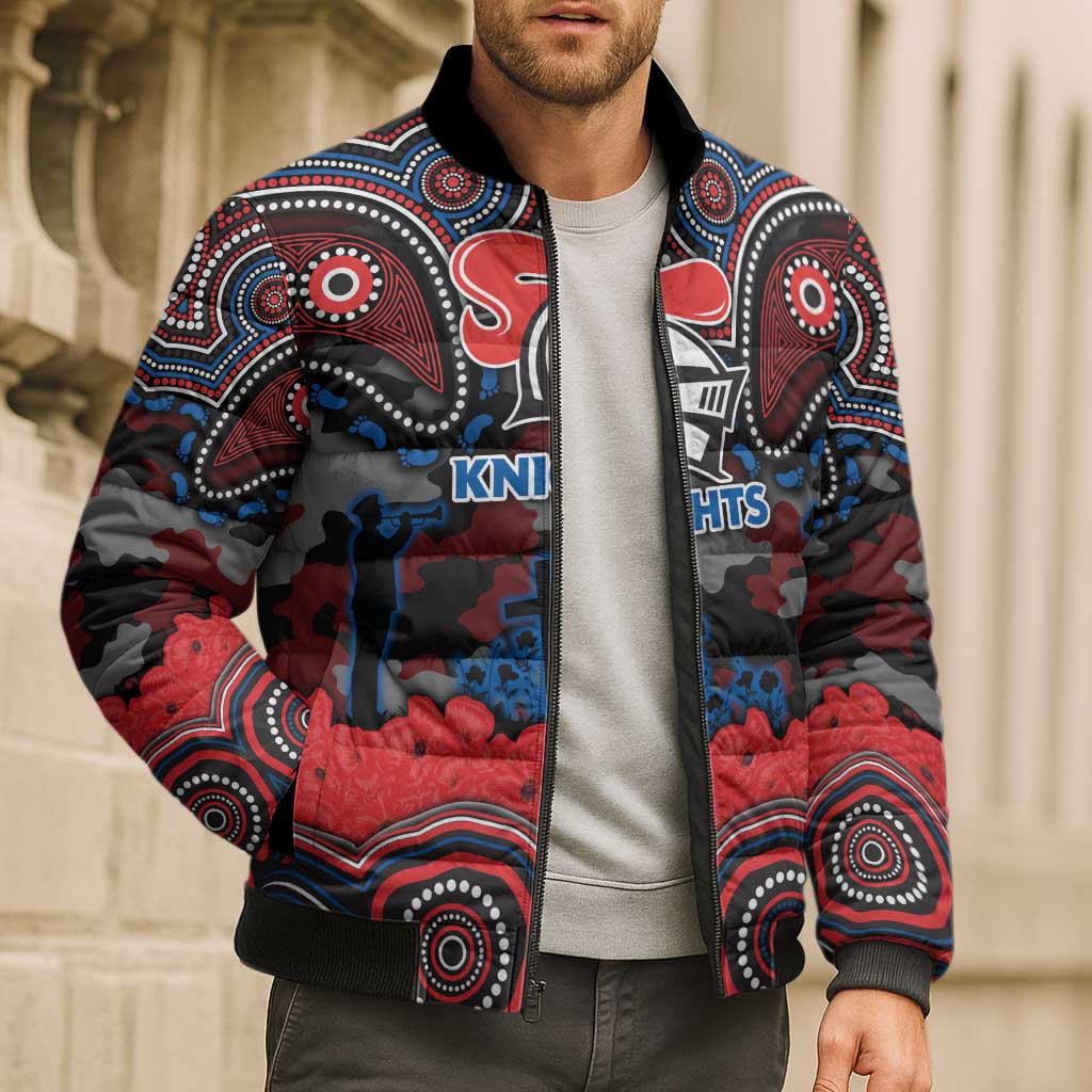 ANZAC Day Newcastle Knights Bomber Puffer Jacket Military Memorial Aboriginal Indigenous Art
