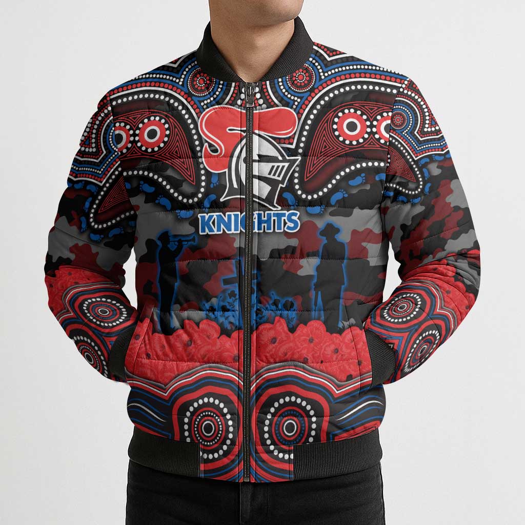 ANZAC Day Newcastle Knights Bomber Puffer Jacket Military Memorial Aboriginal Indigenous Art