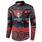 ANZAC Day Newcastle Knights Button Sweatshirt Military Memorial Aboriginal Indigenous Art
