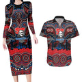 ANZAC Day Newcastle Knights Couples Matching Long Sleeve Bodycon Dress and Hawaiian Shirt Military Memorial Aboriginal Indigenous Art