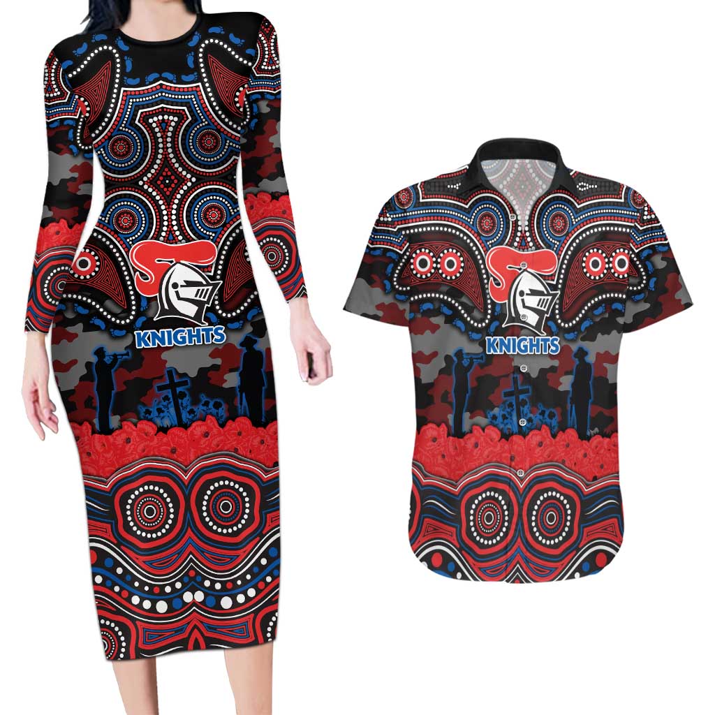 ANZAC Day Newcastle Knights Couples Matching Long Sleeve Bodycon Dress and Hawaiian Shirt Military Memorial Aboriginal Indigenous Art