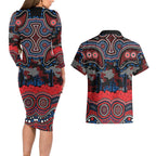 ANZAC Day Newcastle Knights Couples Matching Long Sleeve Bodycon Dress and Hawaiian Shirt Military Memorial Aboriginal Indigenous Art
