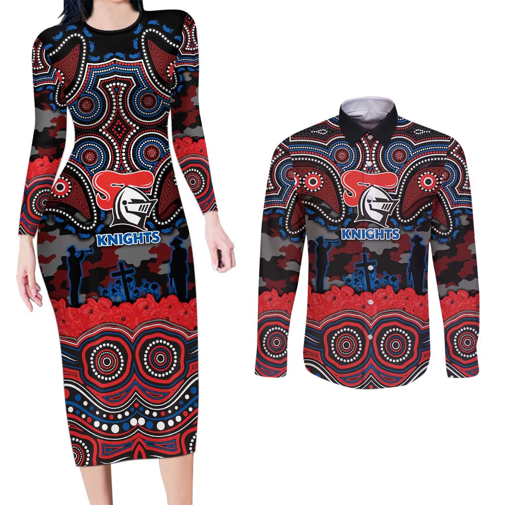 ANZAC Day Newcastle Knights Couples Matching Long Sleeve Bodycon Dress and Long Sleeve Button Shirt Military Memorial Aboriginal Indigenous Art