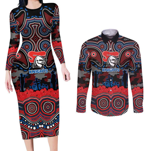 ANZAC Day Newcastle Knights Couples Matching Long Sleeve Bodycon Dress and Long Sleeve Button Shirt Military Memorial Aboriginal Indigenous Art