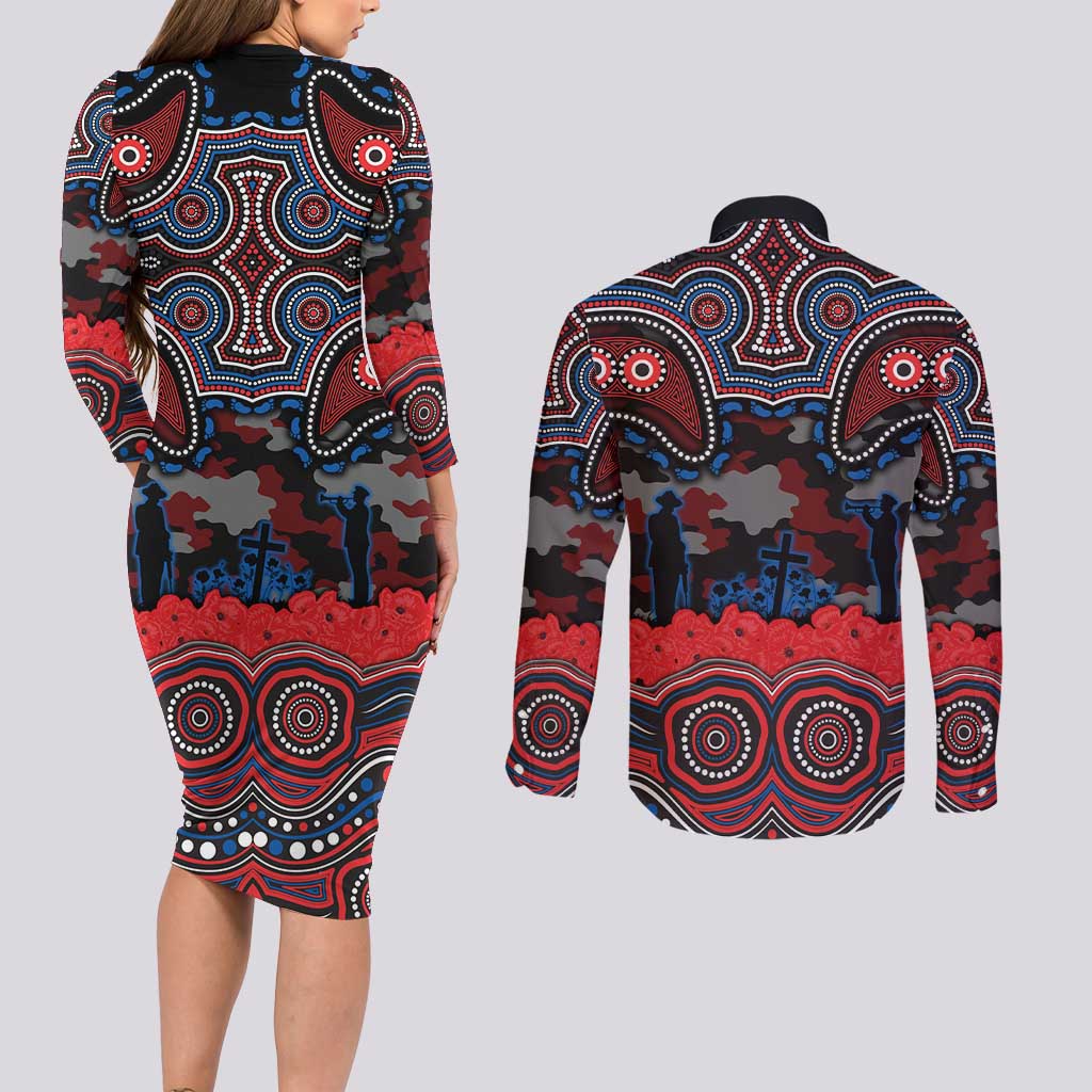 ANZAC Day Newcastle Knights Couples Matching Long Sleeve Bodycon Dress and Long Sleeve Button Shirt Military Memorial Aboriginal Indigenous Art