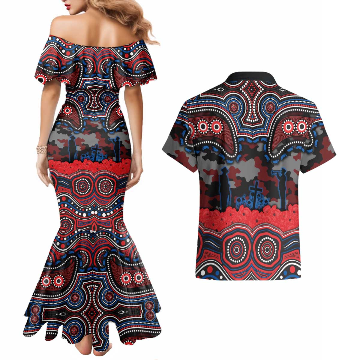 ANZAC Day Newcastle Knights Couples Matching Mermaid Dress and Hawaiian Shirt Military Memorial Aboriginal Indigenous Art