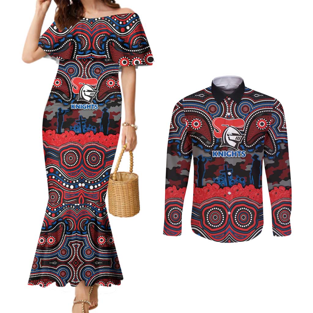 ANZAC Day Newcastle Knights Couples Matching Mermaid Dress and Long Sleeve Button Shirt Military Memorial Aboriginal Indigenous Art