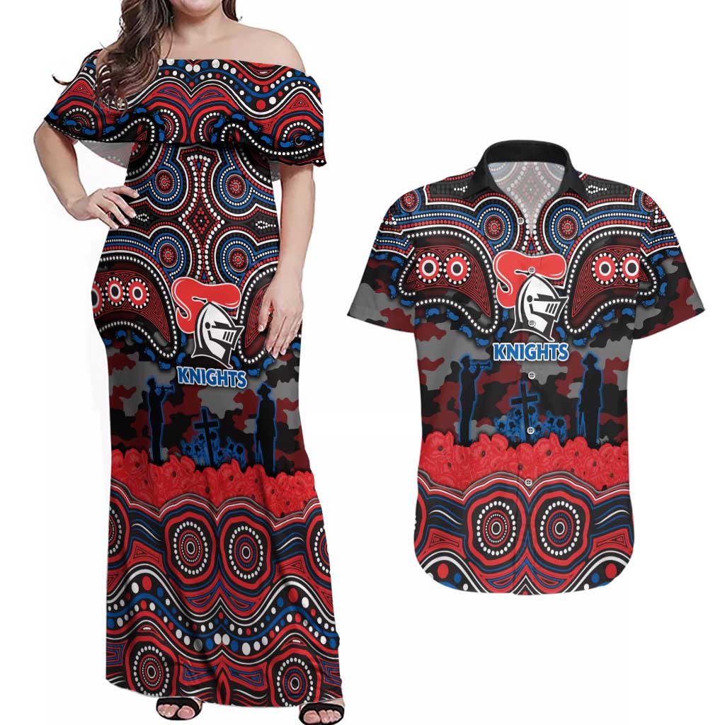 ANZAC Day Newcastle Knights Couples Matching Off Shoulder Maxi Dress and Hawaiian Shirt Military Memorial Aboriginal Indigenous Art