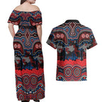 ANZAC Day Newcastle Knights Couples Matching Off Shoulder Maxi Dress and Hawaiian Shirt Military Memorial Aboriginal Indigenous Art