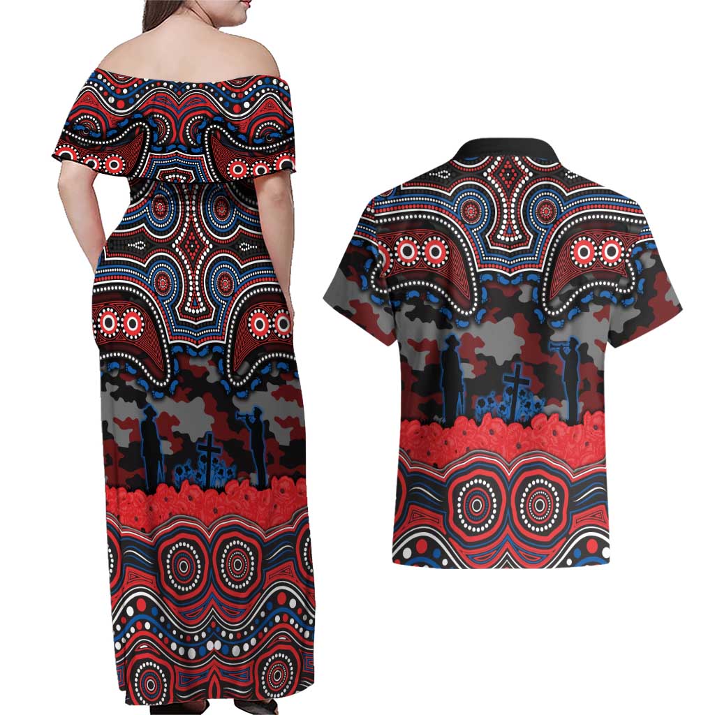 ANZAC Day Newcastle Knights Couples Matching Off Shoulder Maxi Dress and Hawaiian Shirt Military Memorial Aboriginal Indigenous Art
