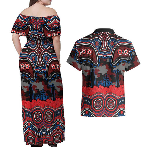 ANZAC Day Newcastle Knights Couples Matching Off Shoulder Maxi Dress and Hawaiian Shirt Military Memorial Aboriginal Indigenous Art