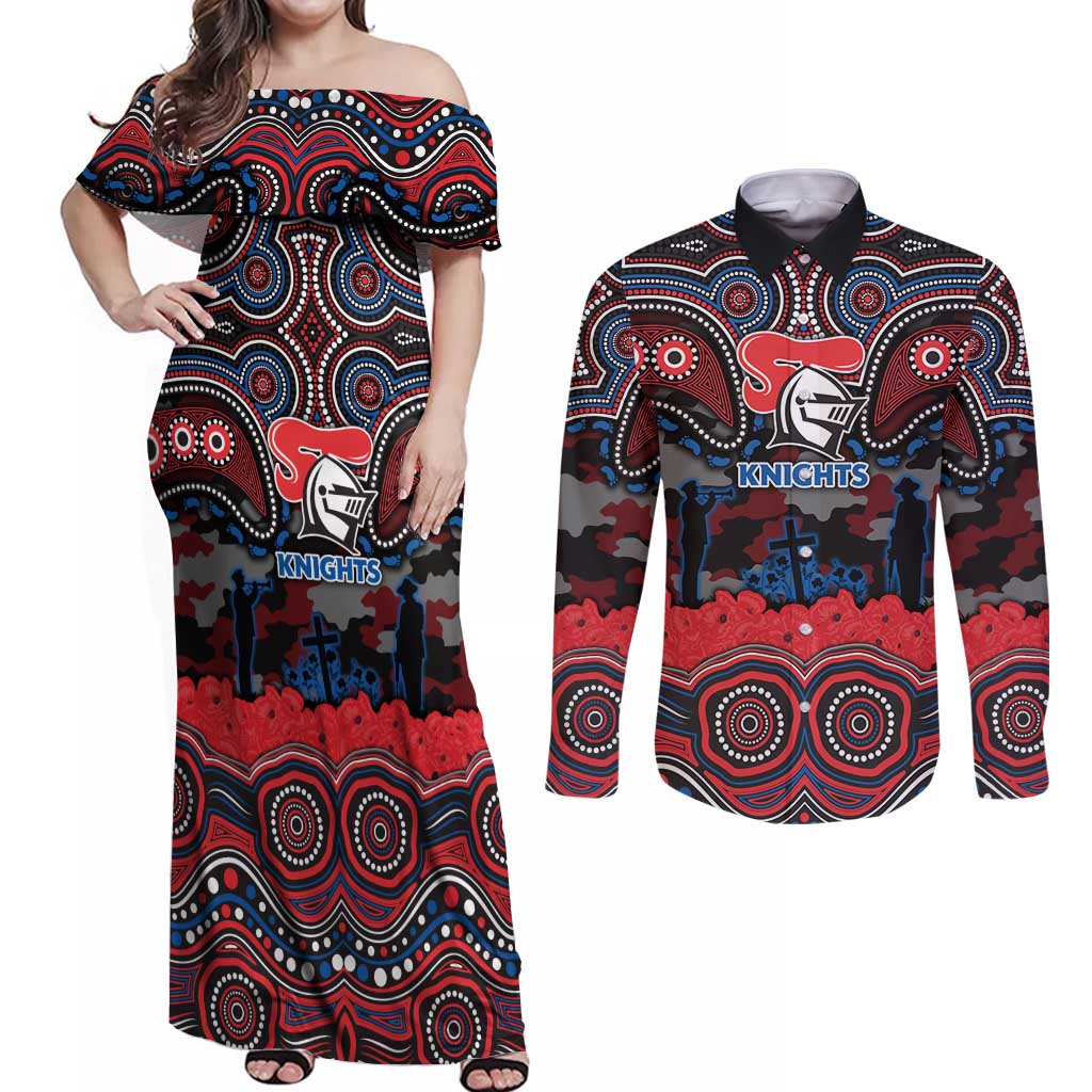 ANZAC Day Newcastle Knights Couples Matching Off Shoulder Maxi Dress and Long Sleeve Button Shirt Military Memorial Aboriginal Indigenous Art