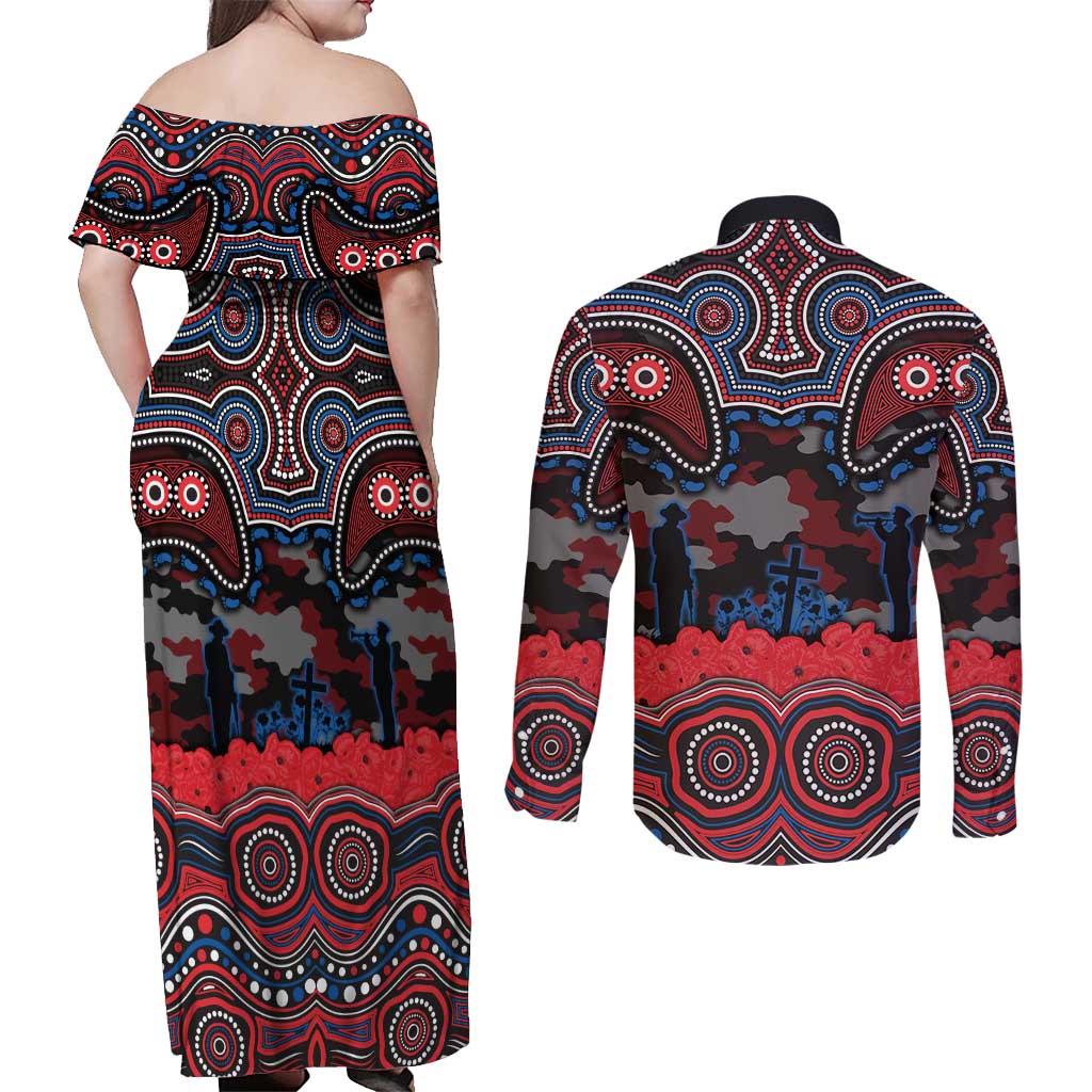 ANZAC Day Newcastle Knights Couples Matching Off Shoulder Maxi Dress and Long Sleeve Button Shirt Military Memorial Aboriginal Indigenous Art