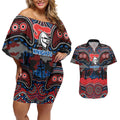 ANZAC Day Newcastle Knights Couples Matching Off Shoulder Short Dress and Hawaiian Shirt Military Memorial Aboriginal Indigenous Art