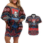 ANZAC Day Newcastle Knights Couples Matching Off Shoulder Short Dress and Hawaiian Shirt Military Memorial Aboriginal Indigenous Art