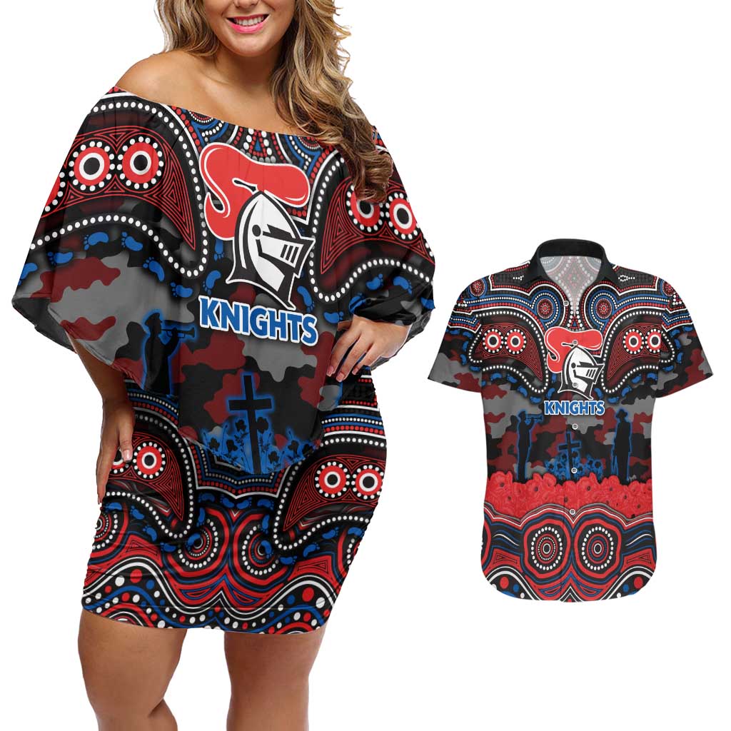 ANZAC Day Newcastle Knights Couples Matching Off Shoulder Short Dress and Hawaiian Shirt Military Memorial Aboriginal Indigenous Art