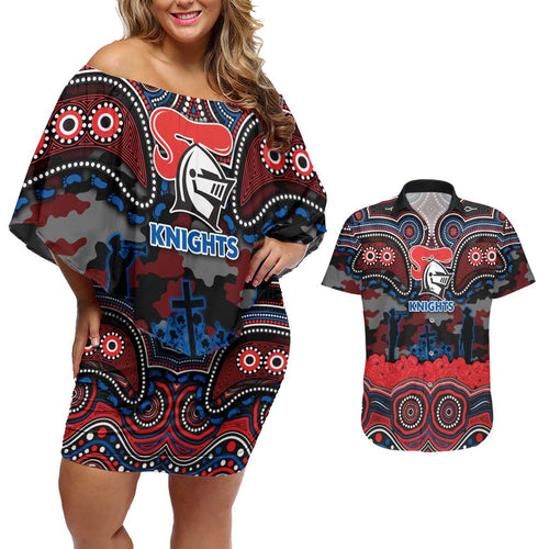 ANZAC Day Newcastle Knights Couples Matching Off Shoulder Short Dress and Hawaiian Shirt Military Memorial Aboriginal Indigenous Art
