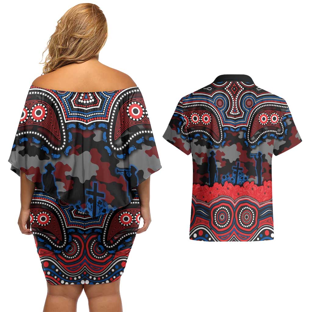 ANZAC Day Newcastle Knights Couples Matching Off Shoulder Short Dress and Hawaiian Shirt Military Memorial Aboriginal Indigenous Art