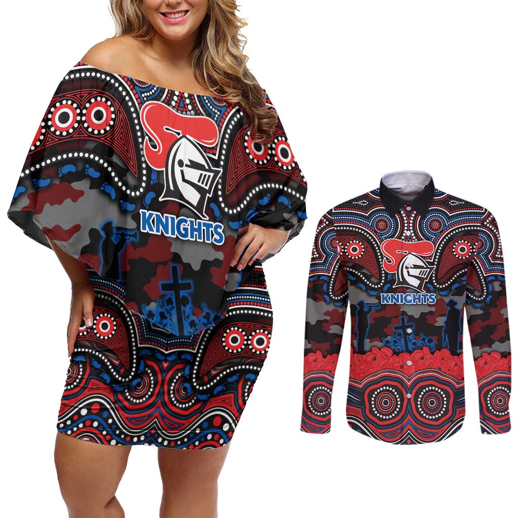 ANZAC Day Newcastle Knights Couples Matching Off Shoulder Short Dress and Long Sleeve Button Shirt Military Memorial Aboriginal Indigenous Art