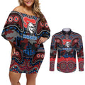 ANZAC Day Newcastle Knights Couples Matching Off Shoulder Short Dress and Long Sleeve Button Shirt Military Memorial Aboriginal Indigenous Art