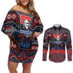 ANZAC Day Newcastle Knights Couples Matching Off Shoulder Short Dress and Long Sleeve Button Shirt Military Memorial Aboriginal Indigenous Art