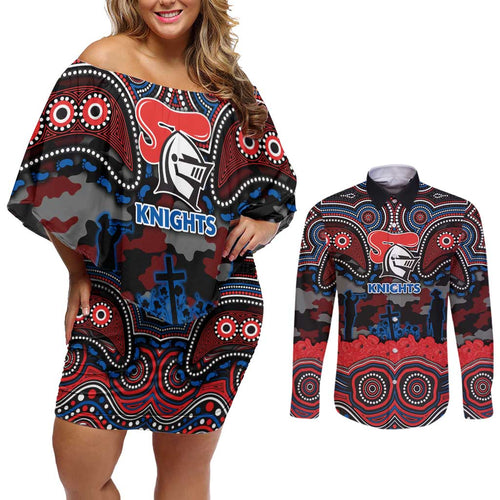 ANZAC Day Newcastle Knights Couples Matching Off Shoulder Short Dress and Long Sleeve Button Shirt Military Memorial Aboriginal Indigenous Art