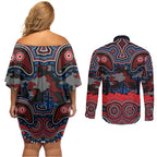 ANZAC Day Newcastle Knights Couples Matching Off Shoulder Short Dress and Long Sleeve Button Shirt Military Memorial Aboriginal Indigenous Art