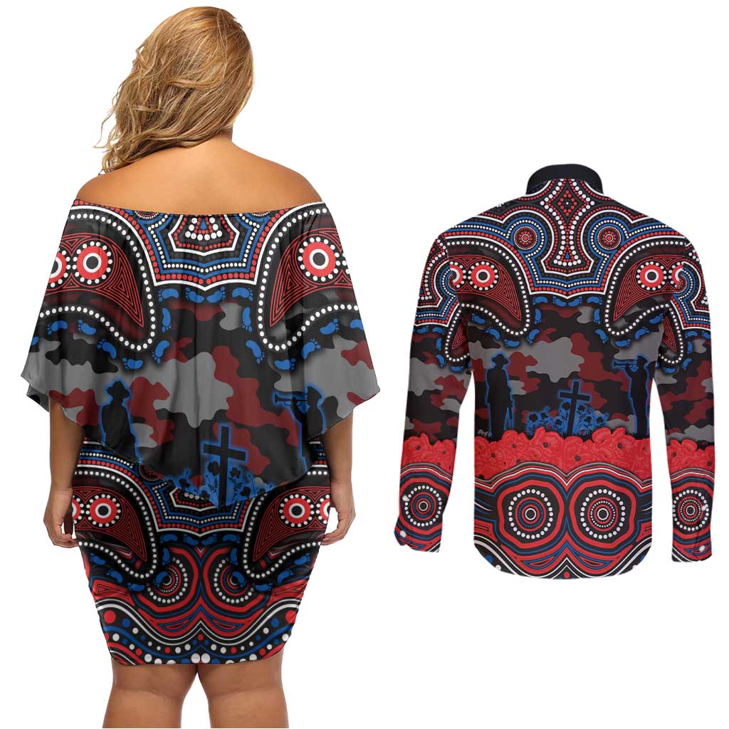 ANZAC Day Newcastle Knights Couples Matching Off Shoulder Short Dress and Long Sleeve Button Shirt Military Memorial Aboriginal Indigenous Art