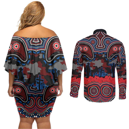 ANZAC Day Newcastle Knights Couples Matching Off Shoulder Short Dress and Long Sleeve Button Shirt Military Memorial Aboriginal Indigenous Art
