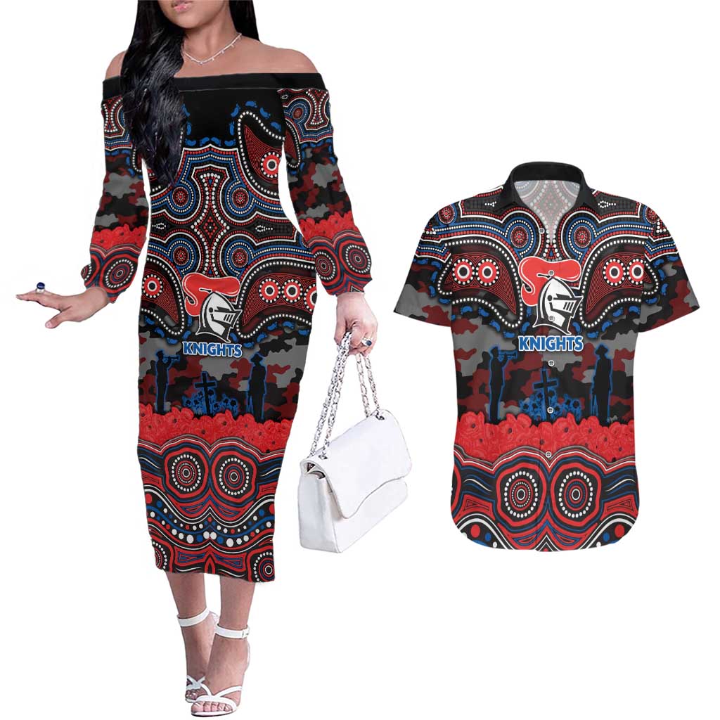 ANZAC Day Newcastle Knights Couples Matching Off The Shoulder Long Sleeve Dress and Hawaiian Shirt Military Memorial Aboriginal Indigenous Art