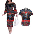 ANZAC Day Newcastle Knights Couples Matching Off The Shoulder Long Sleeve Dress and Hawaiian Shirt Military Memorial Aboriginal Indigenous Art