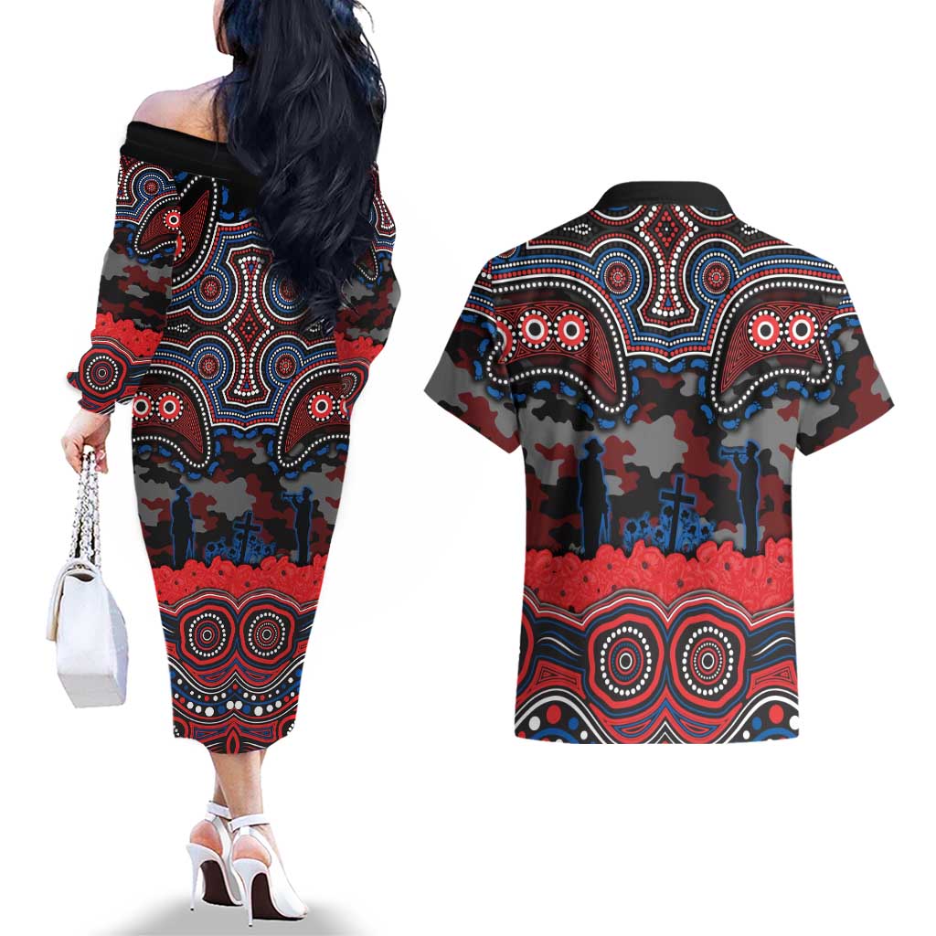 ANZAC Day Newcastle Knights Couples Matching Off The Shoulder Long Sleeve Dress and Hawaiian Shirt Military Memorial Aboriginal Indigenous Art