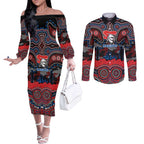 ANZAC Day Newcastle Knights Couples Matching Off The Shoulder Long Sleeve Dress and Long Sleeve Button Shirt Military Memorial Aboriginal Indigenous Art