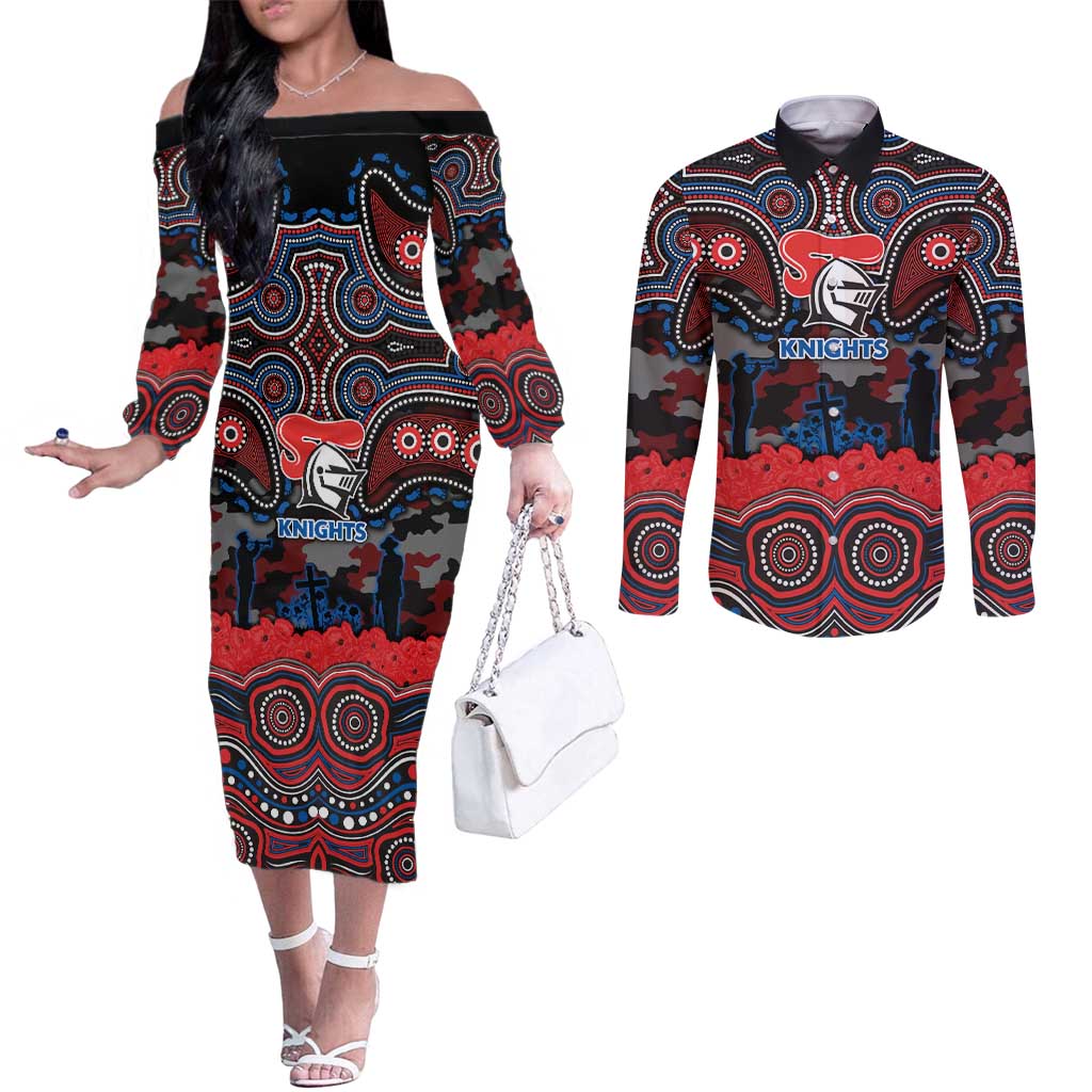 ANZAC Day Newcastle Knights Couples Matching Off The Shoulder Long Sleeve Dress and Long Sleeve Button Shirt Military Memorial Aboriginal Indigenous Art