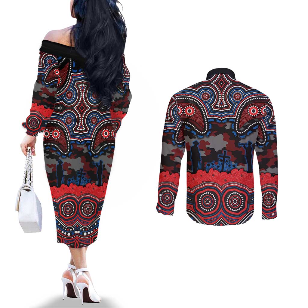 ANZAC Day Newcastle Knights Couples Matching Off The Shoulder Long Sleeve Dress and Long Sleeve Button Shirt Military Memorial Aboriginal Indigenous Art