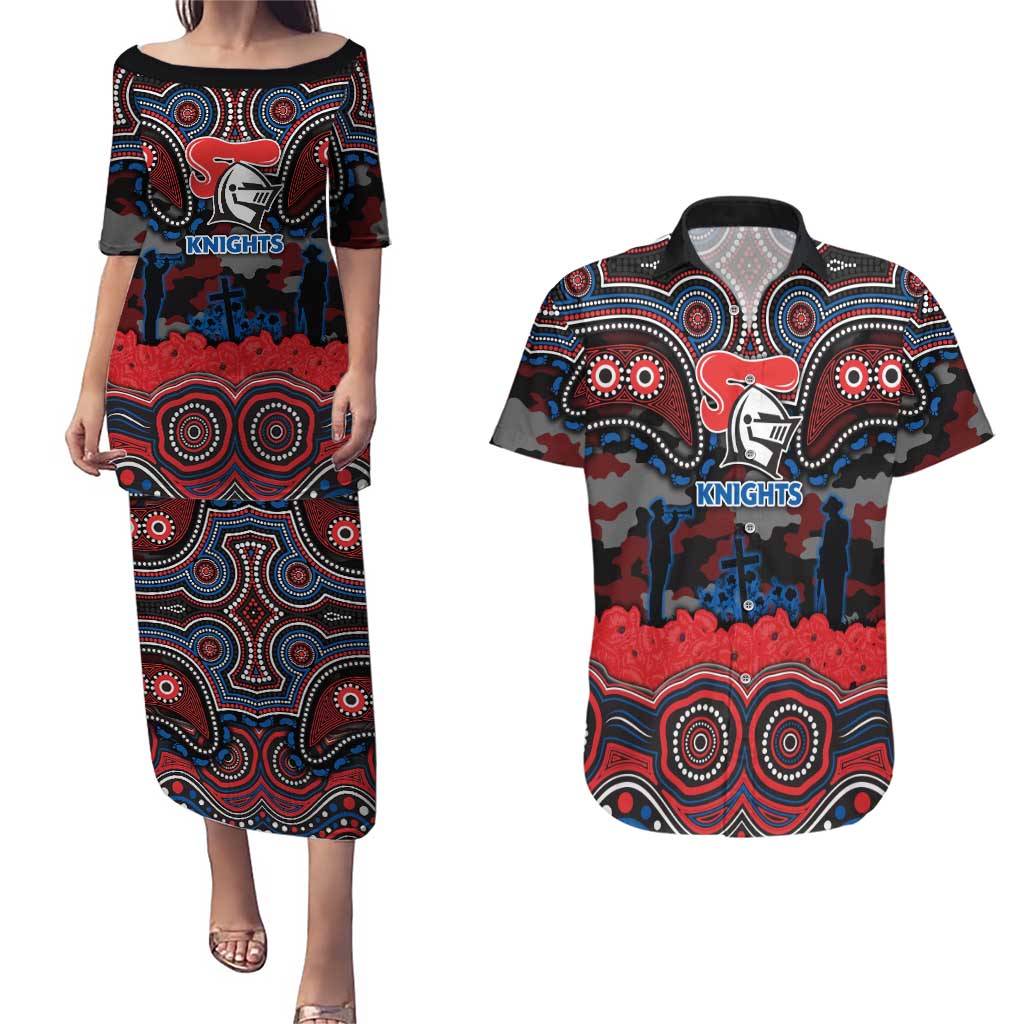 ANZAC Day Newcastle Knights Couples Matching Puletasi and Hawaiian Shirt Military Memorial Aboriginal Indigenous Art