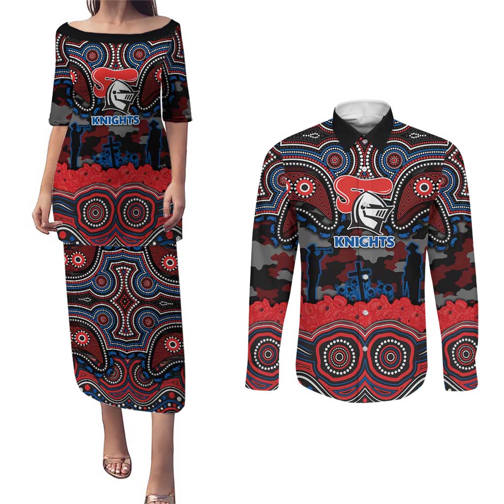 ANZAC Day Newcastle Knights Couples Matching Puletasi and Long Sleeve Button Shirt Military Memorial Aboriginal Indigenous Art