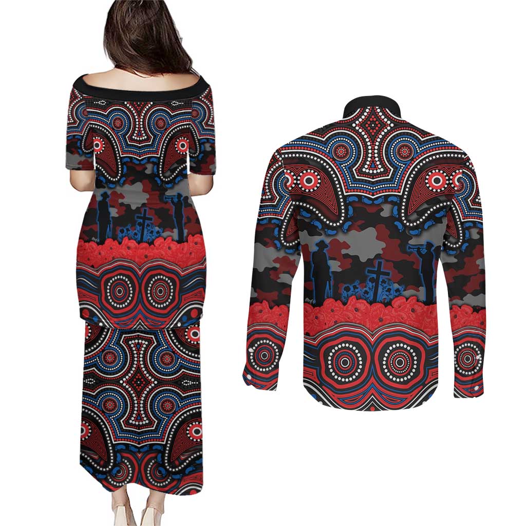 ANZAC Day Newcastle Knights Couples Matching Puletasi and Long Sleeve Button Shirt Military Memorial Aboriginal Indigenous Art