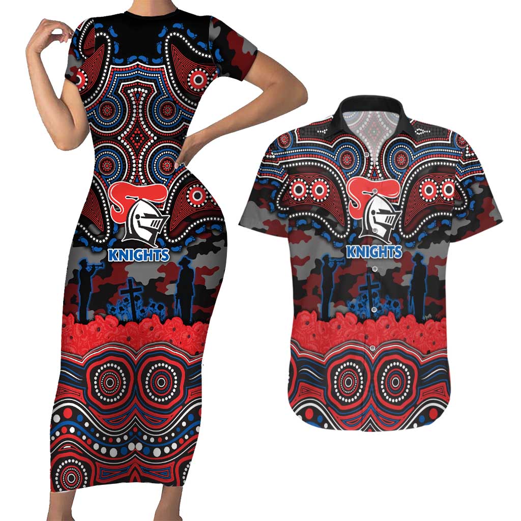 ANZAC Day Newcastle Knights Couples Matching Short Sleeve Bodycon Dress and Hawaiian Shirt Military Memorial Aboriginal Indigenous Art