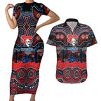 ANZAC Day Newcastle Knights Couples Matching Short Sleeve Bodycon Dress and Hawaiian Shirt Military Memorial Aboriginal Indigenous Art