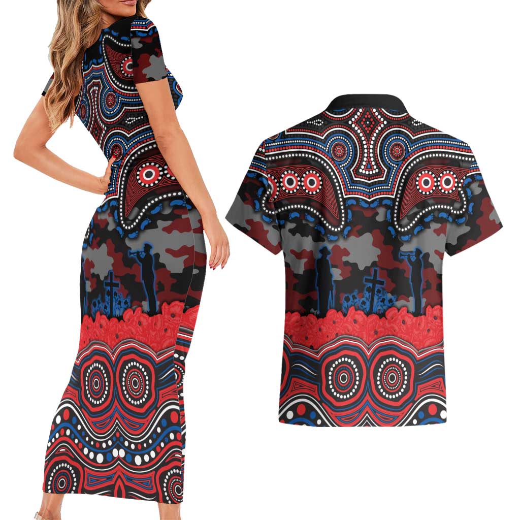 ANZAC Day Newcastle Knights Couples Matching Short Sleeve Bodycon Dress and Hawaiian Shirt Military Memorial Aboriginal Indigenous Art