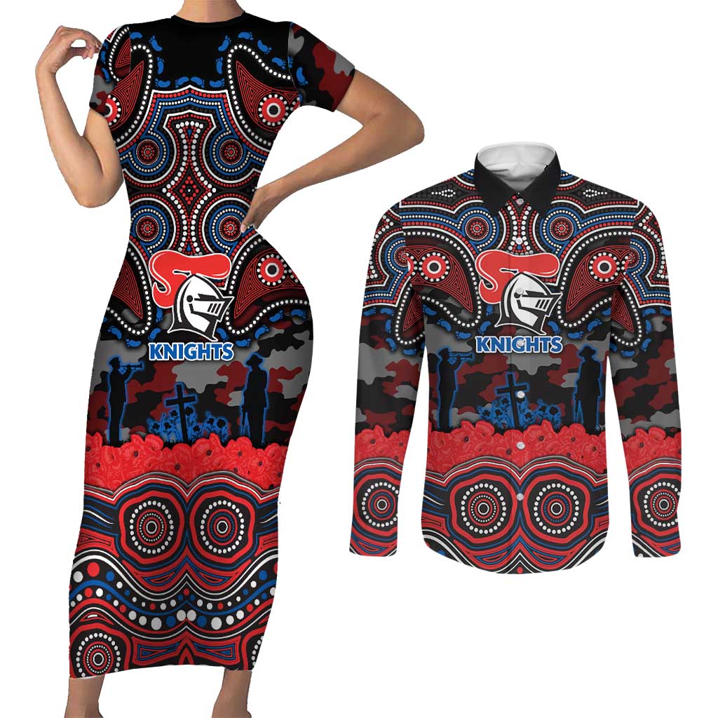 ANZAC Day Newcastle Knights Couples Matching Short Sleeve Bodycon Dress and Long Sleeve Button Shirt Military Memorial Aboriginal Indigenous Art