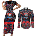 ANZAC Day Newcastle Knights Couples Matching Short Sleeve Bodycon Dress and Long Sleeve Button Shirt Military Memorial Aboriginal Indigenous Art