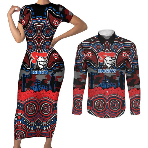 ANZAC Day Newcastle Knights Couples Matching Short Sleeve Bodycon Dress and Long Sleeve Button Shirt Military Memorial Aboriginal Indigenous Art