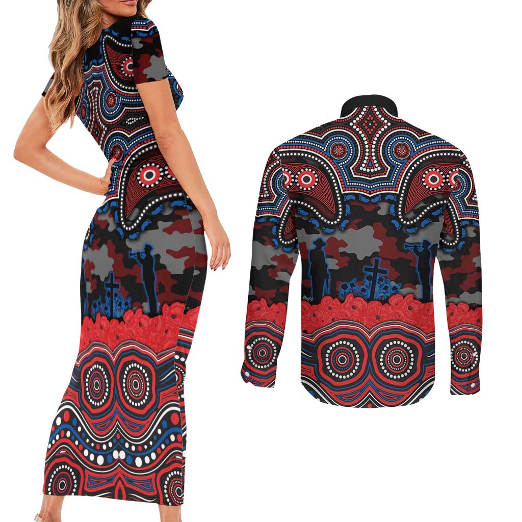ANZAC Day Newcastle Knights Couples Matching Short Sleeve Bodycon Dress and Long Sleeve Button Shirt Military Memorial Aboriginal Indigenous Art