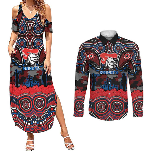 ANZAC Day Newcastle Knights Couples Matching Summer Maxi Dress and Long Sleeve Button Shirt Military Memorial Aboriginal Indigenous Art