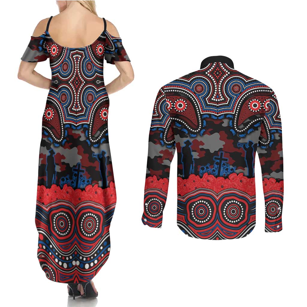 ANZAC Day Newcastle Knights Couples Matching Summer Maxi Dress and Long Sleeve Button Shirt Military Memorial Aboriginal Indigenous Art