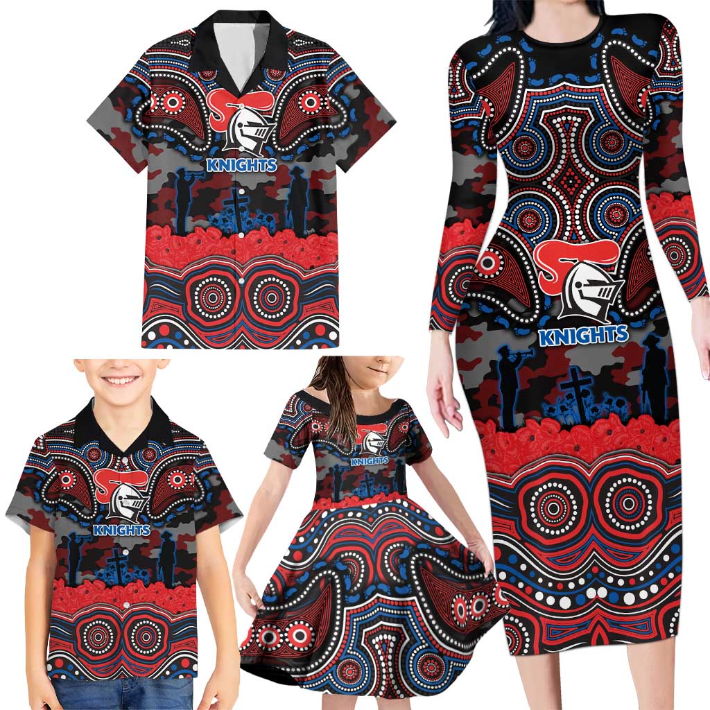 ANZAC Day Newcastle Knights Family Matching Long Sleeve Bodycon Dress and Hawaiian Shirt Military Memorial Aboriginal Indigenous Art